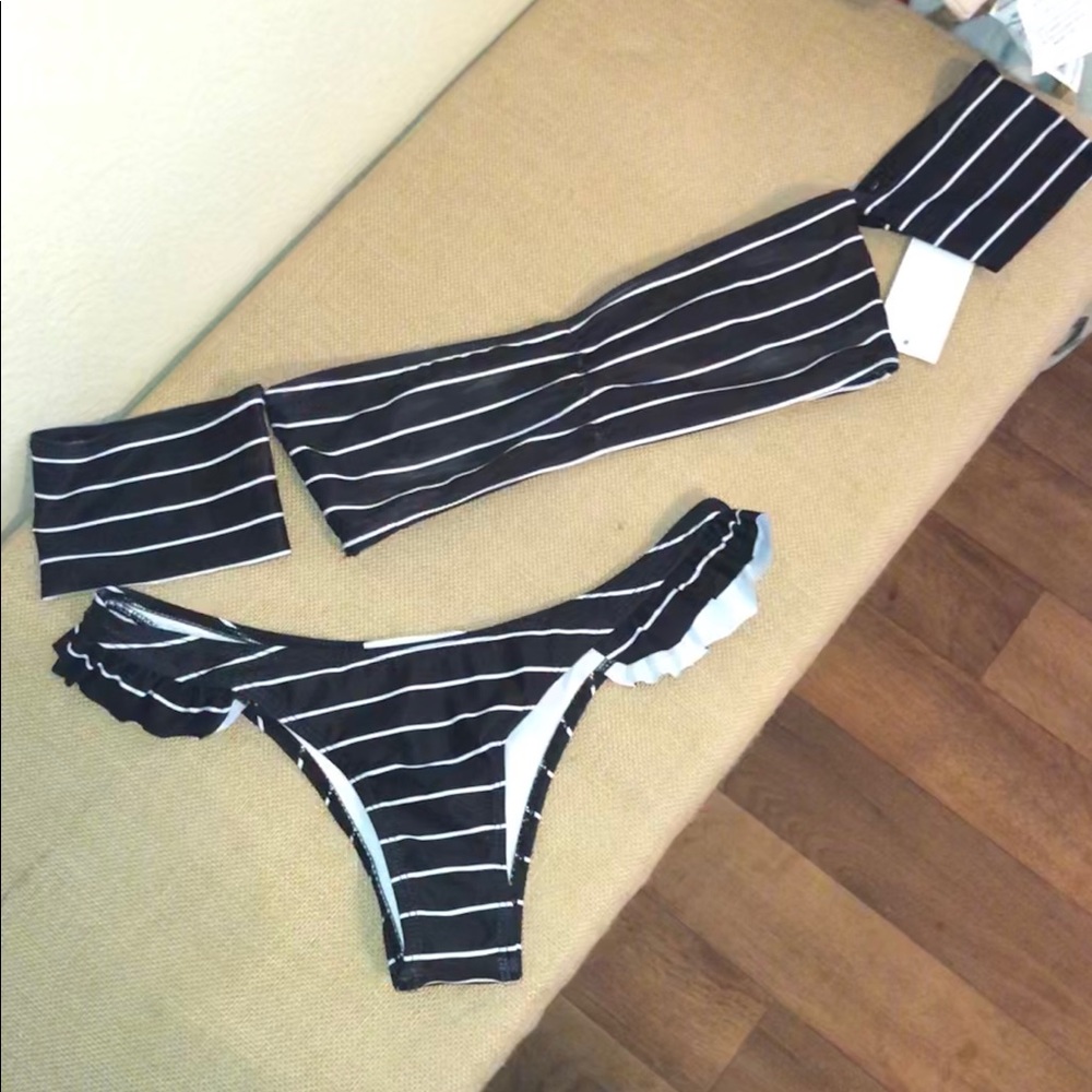 Black Off The Shoulder Bikini Set with Stripes